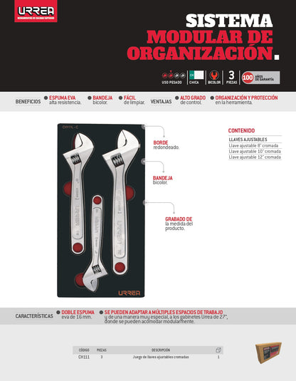 CH111 Juego de llaves ajustables cromadas 3 piezas 8", 10" y 12", uso pesado, Urrea