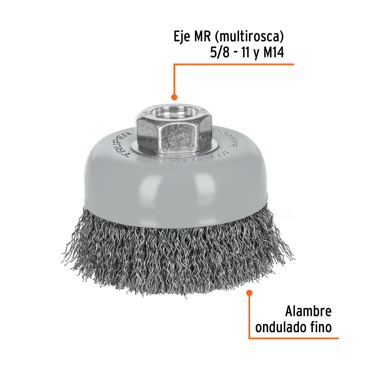CO-508MR Carda de copa, alambre ondulado fino, 3', Multi rosca