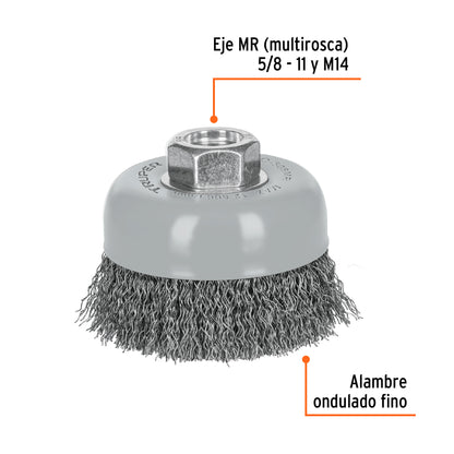 CO-508MR Carda de copa, alambre ondulado fino, 3', Multi rosca
