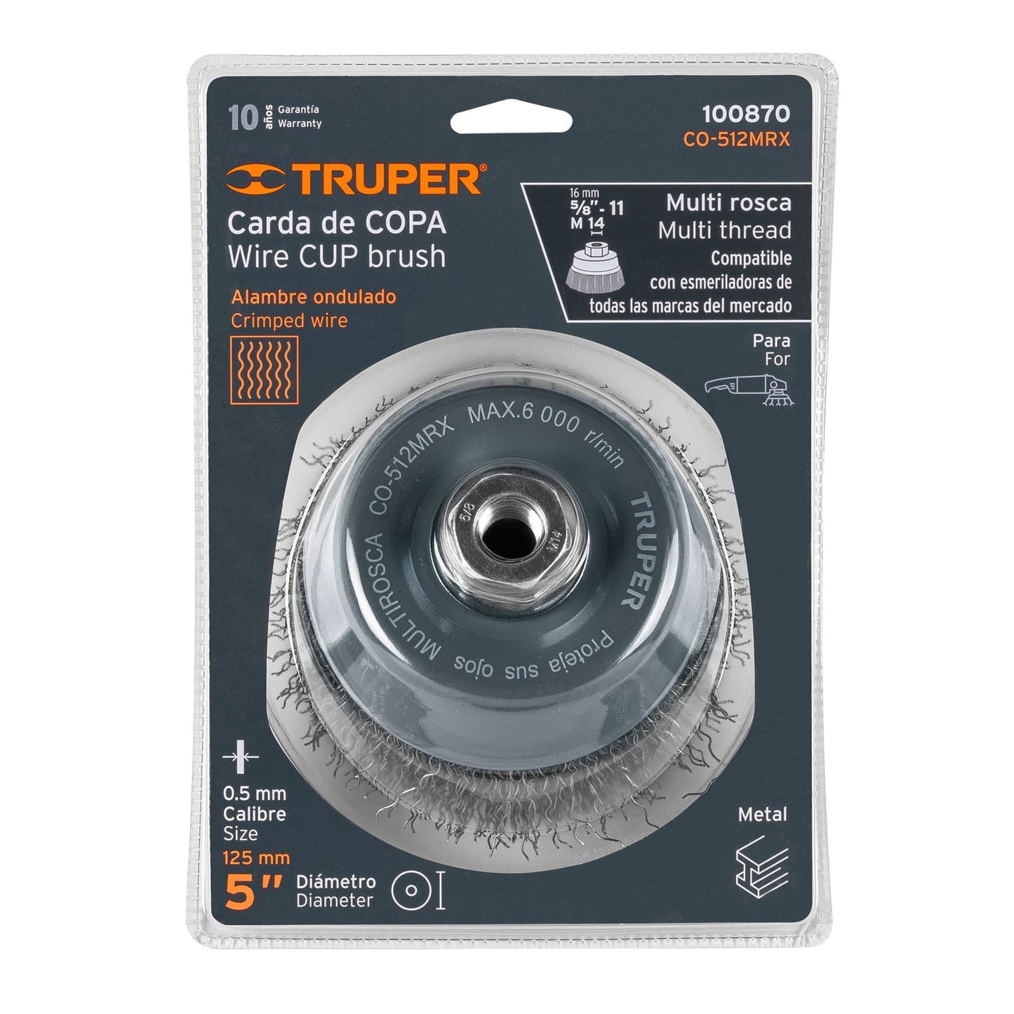 CO-512X Carda de copa, alambre ondulado grueso, 5x5/8' para esmeril