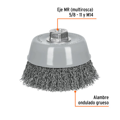 CO-512MRX Carda de copa, alambre ondulado grueso, 5', Multi rosca