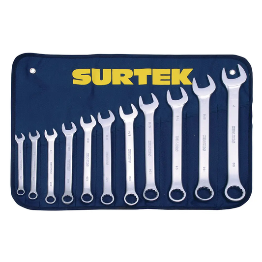 COM12 Juego de llaves combinadas satinadas 11 piezas 3/8" a 7/8", uso profesional, Surtek