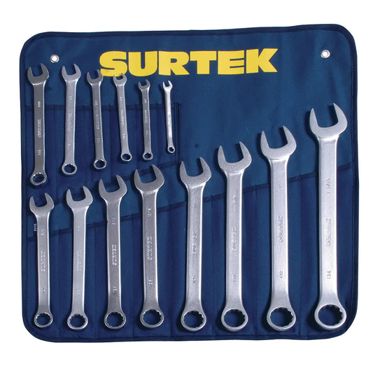COM15 Juego de llaves combinadas satinadas 14 piezas 1/4" a 1-1/16", uso profesional, Surtek