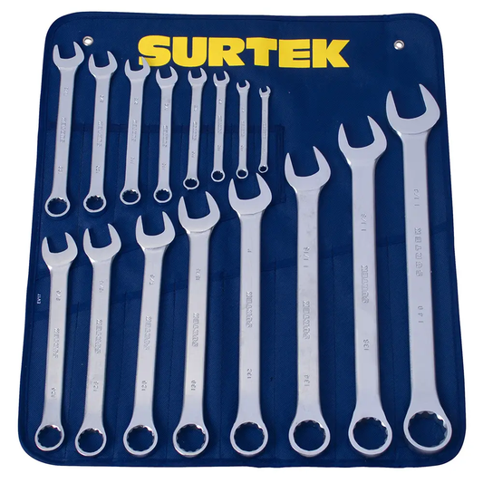 COM17 Juego de llaves combinadas satinadas 16 piezas 1/4" a 1-1/4", uso profesional, Surtek