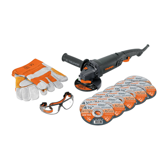 COMBOE-4590N Combo Pulidora angular con guantes, lentes + discos