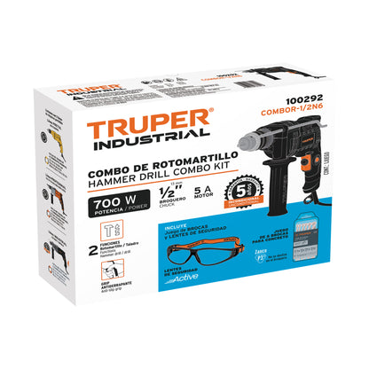 COMBOR-1/2N6 Combo Rotomartillo 650W con brocas y lentes de seguridad