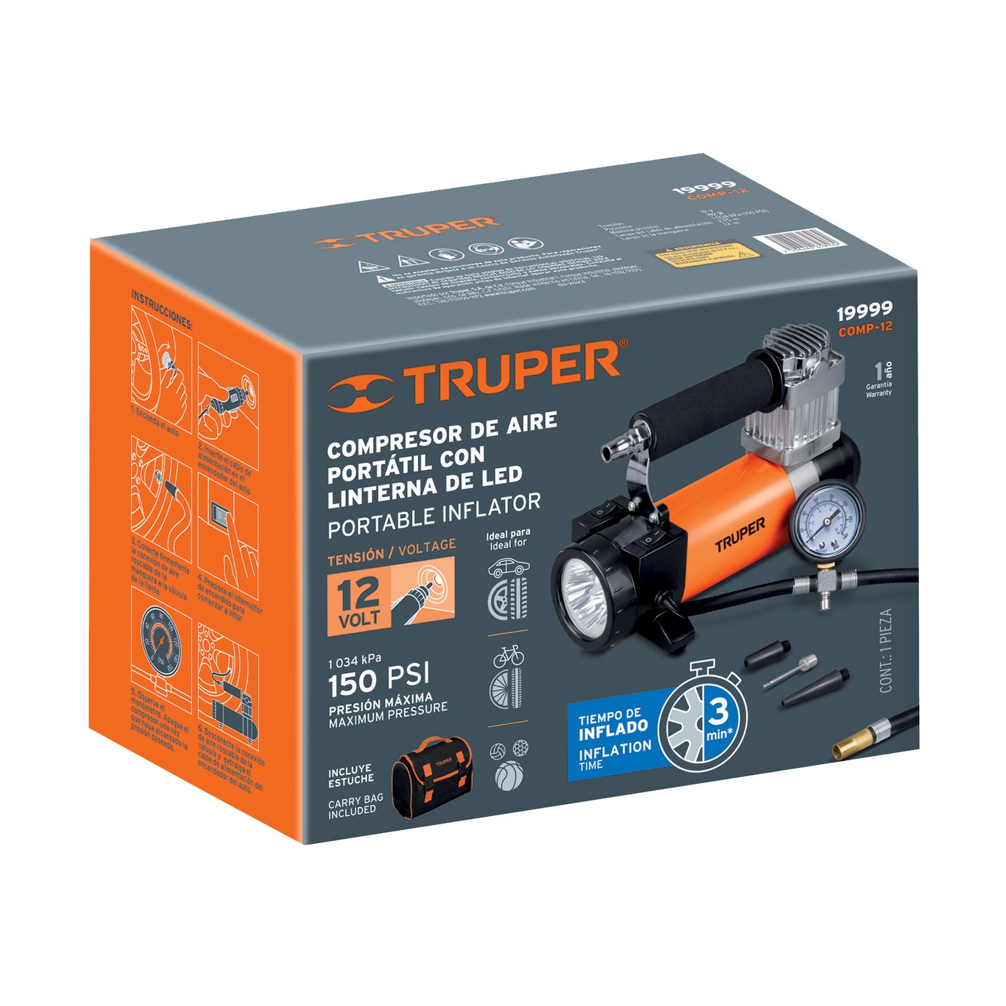 COMP-12 Compresor de aire 12 V portátil, para auto, incluye maletín