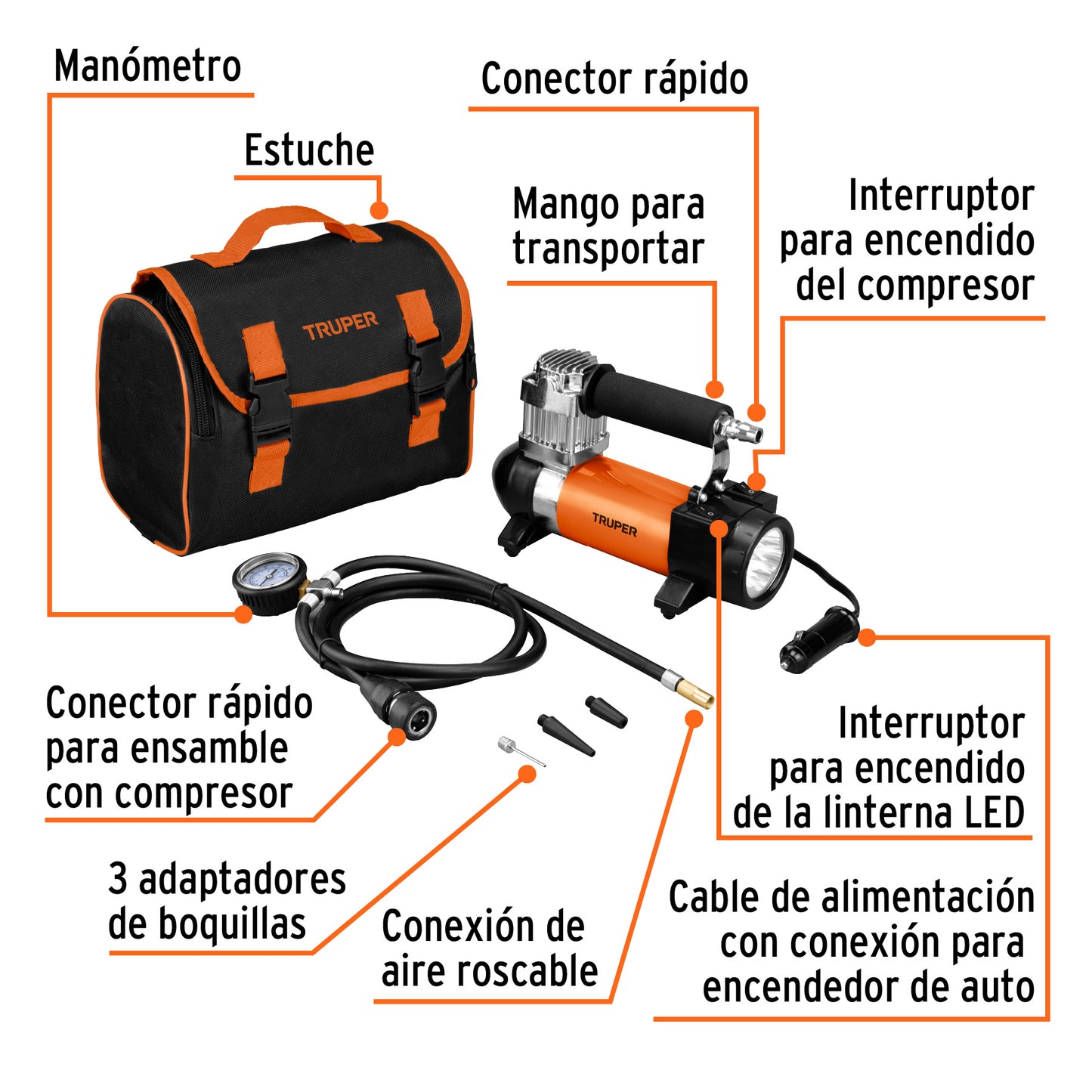 COMP-12 Compresor de aire 12 V portátil, para auto, incluye maletín