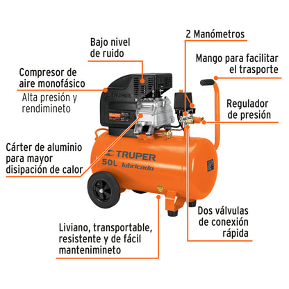 COMP-50LT Compresor 50 L lubricado 3-1/2HP (potencia máxima) 120 V