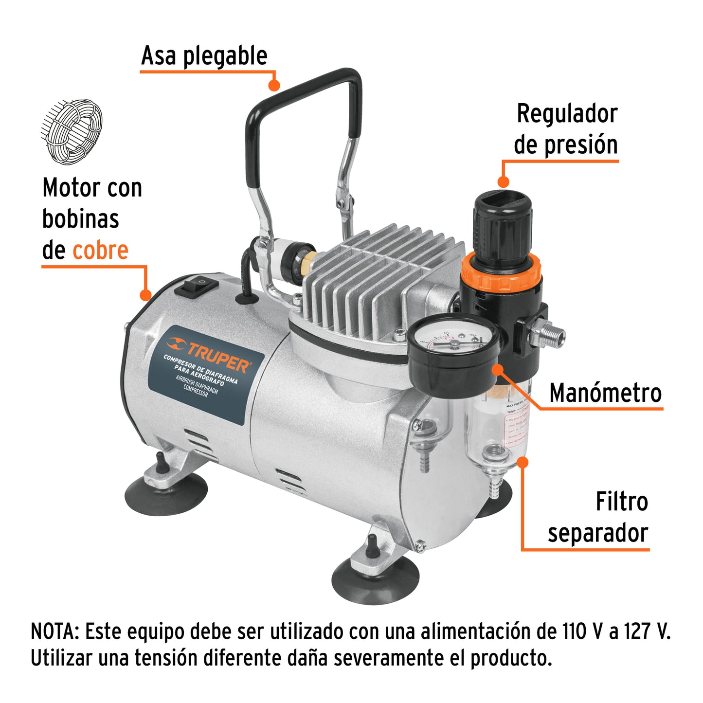 COMP-AERO Compresor de diafragma para aerógrafo 1/5 Hp 110 V