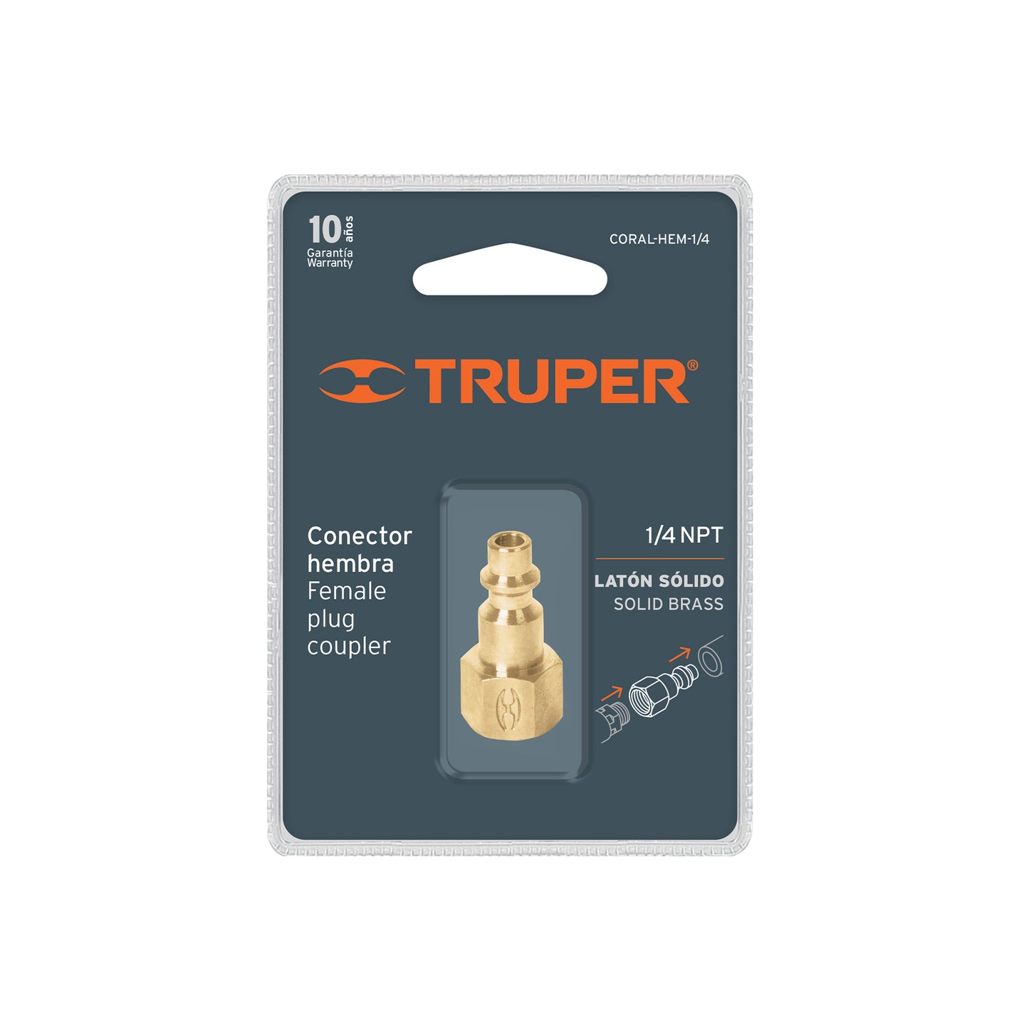 CORAL-HEM-1/4 Conector rápido de latón, 1/4 NPT, hembra