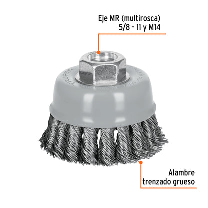 CT-608MRX Carda de copa, alambre trenzado grueso, 3', Multi rosca