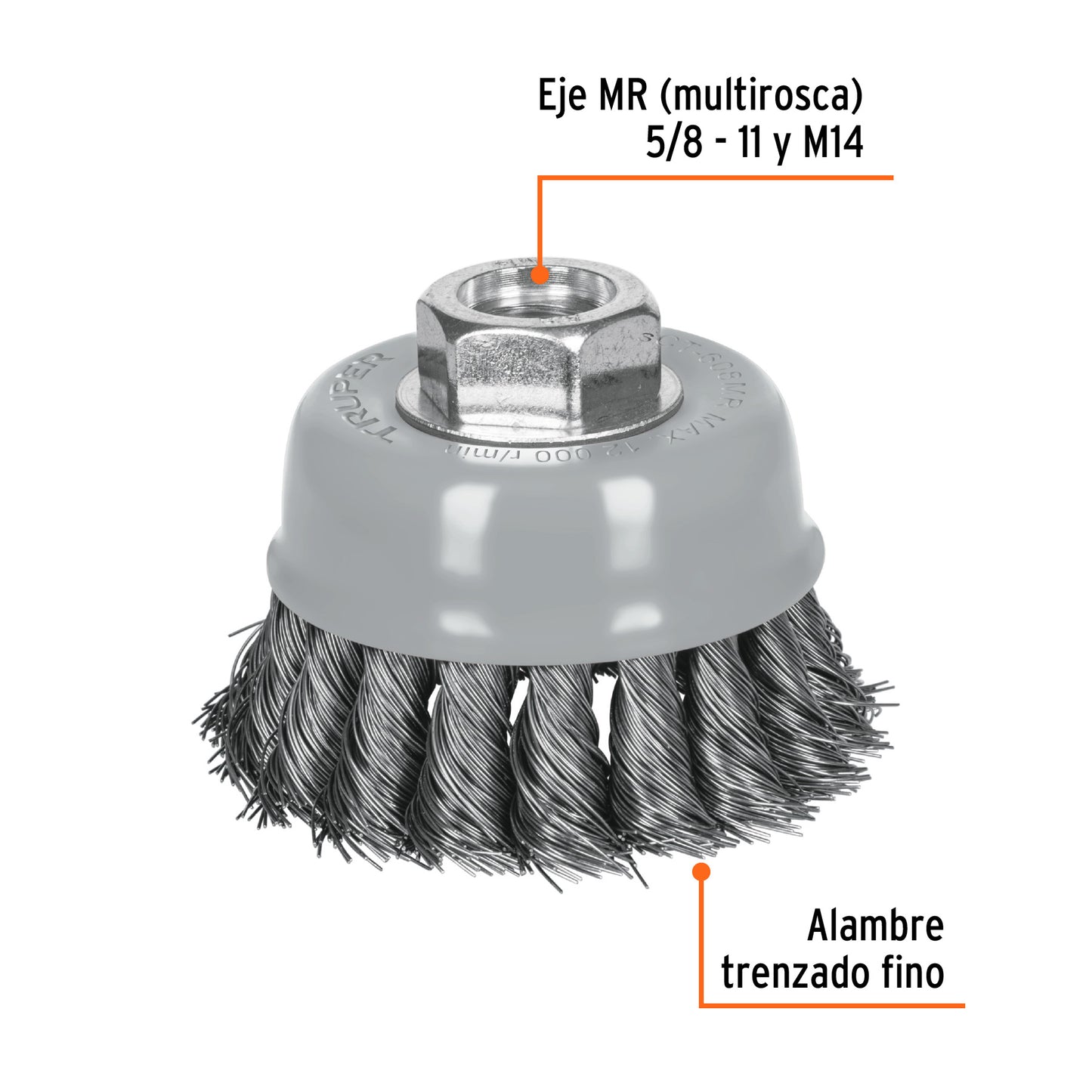 CT-608MR Carda de copa, alambre trenzado fino, 3', Multi rosca