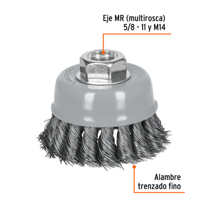 CT-608MR Carda de copa, alambre trenzado fino, 3', Multi rosca