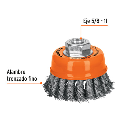 CT-608 Grata de copa, alambre trenzado fino, 3' para esmeril