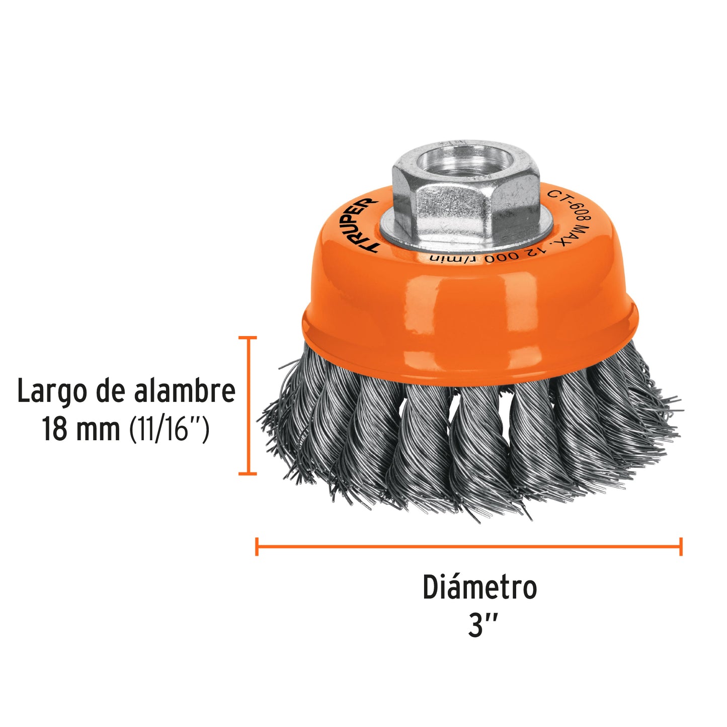 CT-608 Grata de copa, alambre trenzado fino, 3' para esmeril