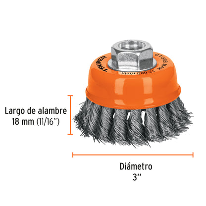 CT-608 Grata de copa, alambre trenzado fino, 3' para esmeril