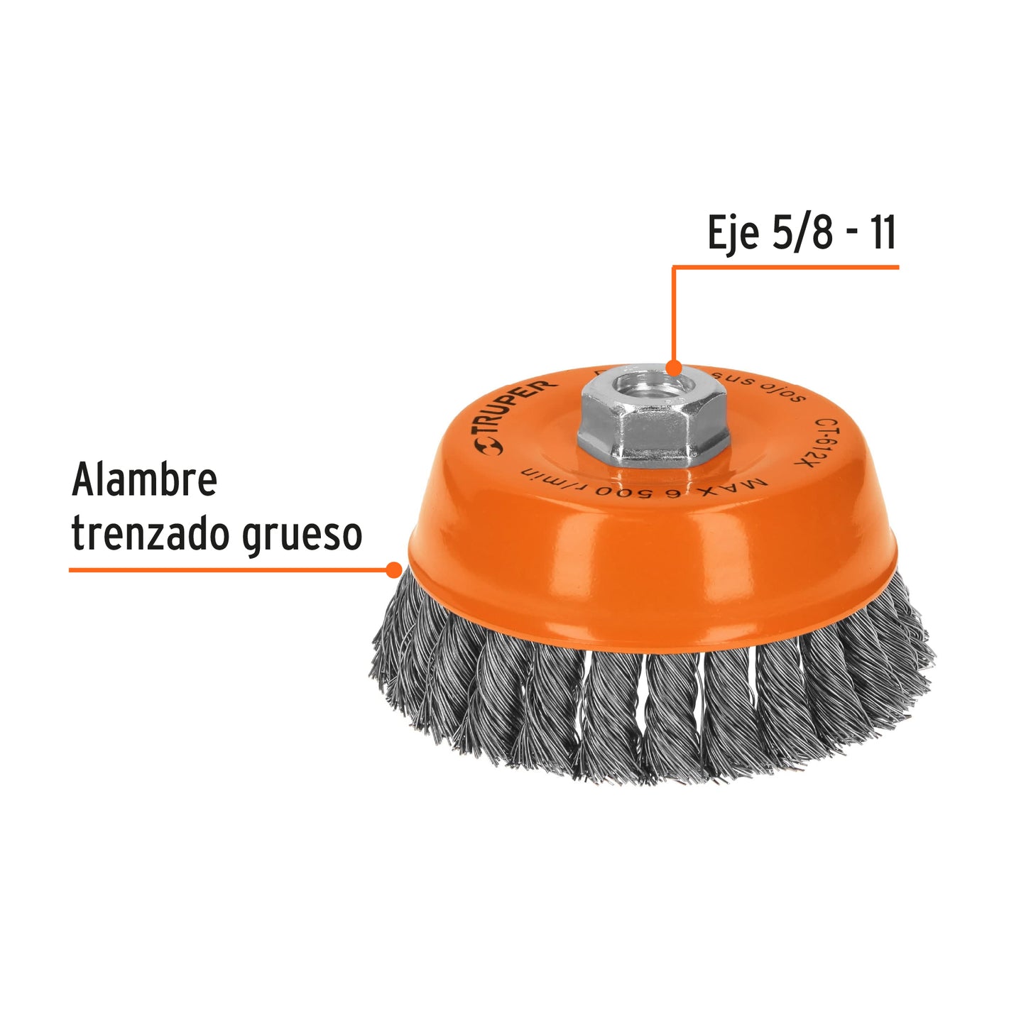 CT-612X Carda de copa, alambre trenzado grueso, 5' para esmeril