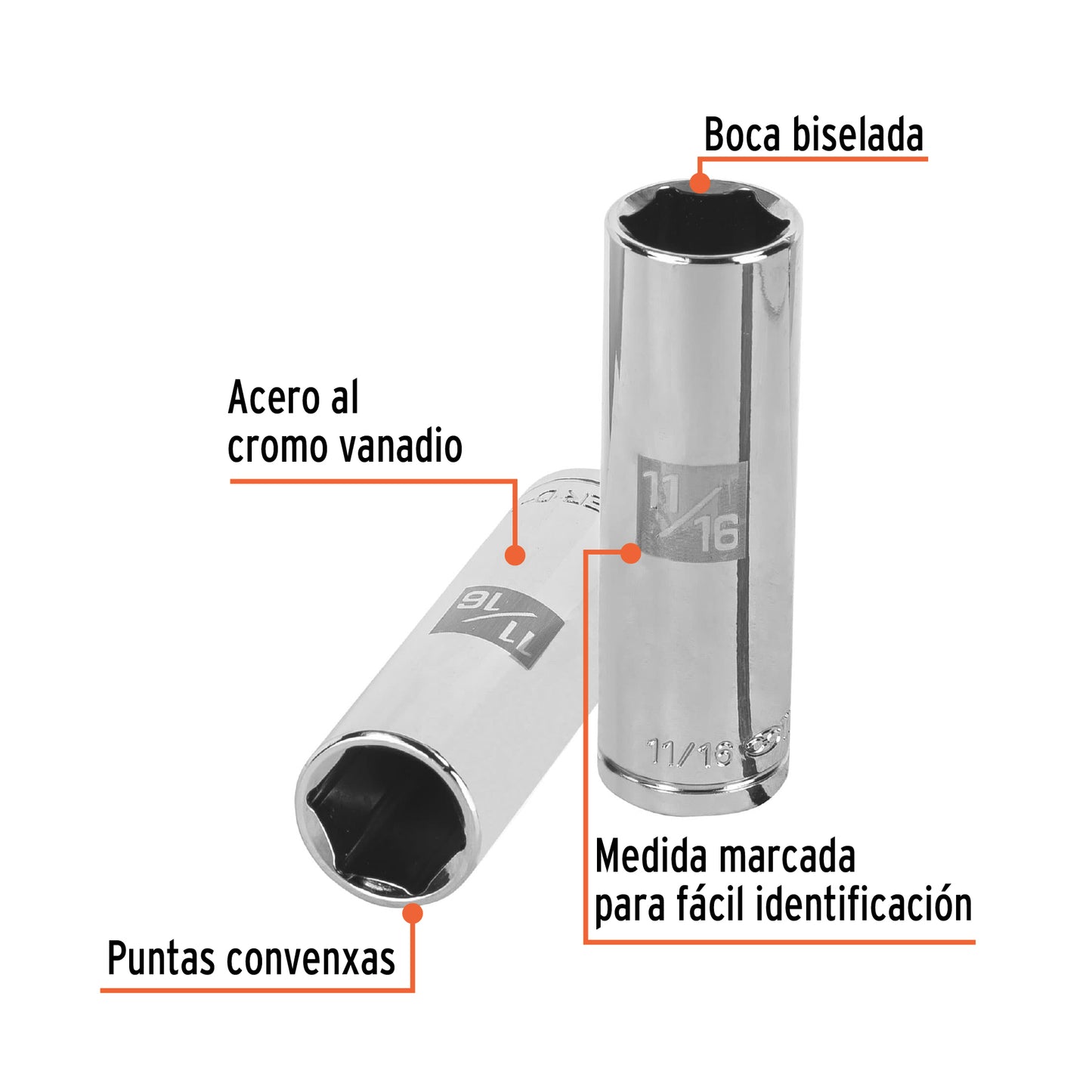 D-1222-HL Copa de 6 puntas, largo, mando 1/2" standard, de 11/16"