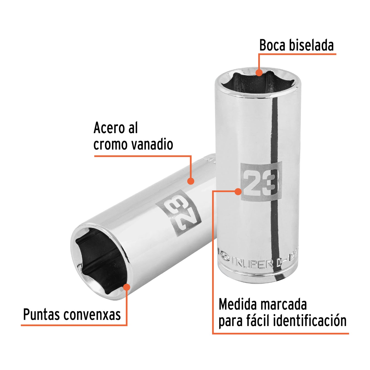 D-1223-ML Dado largo de 6 puntas, cuadro 1/2' de 23 mm