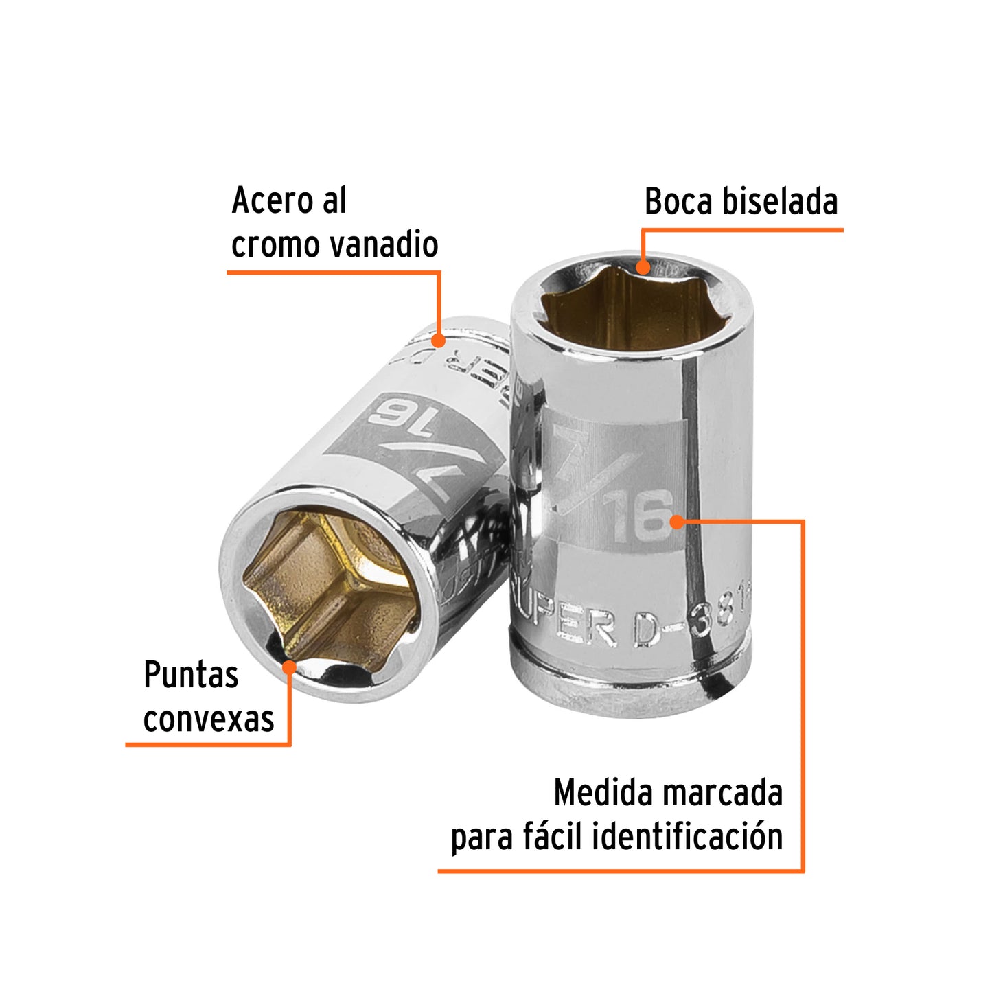 D-3814-H Copa de 6 puntas, mando 3/8", standard, de 7/16"