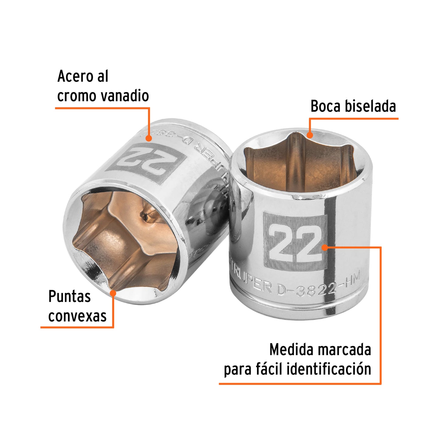 D-3822-HM Copa de 6 puntas, mando 3/8", de 22mm