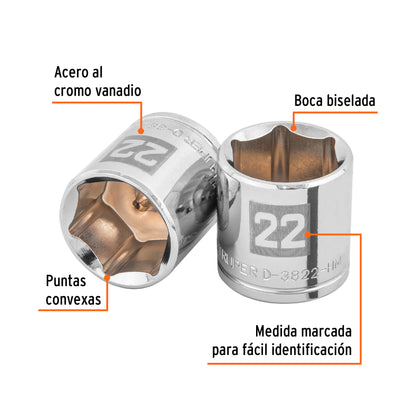 D-3822-HM Copa de 6 puntas, mando 3/8", de 22mm