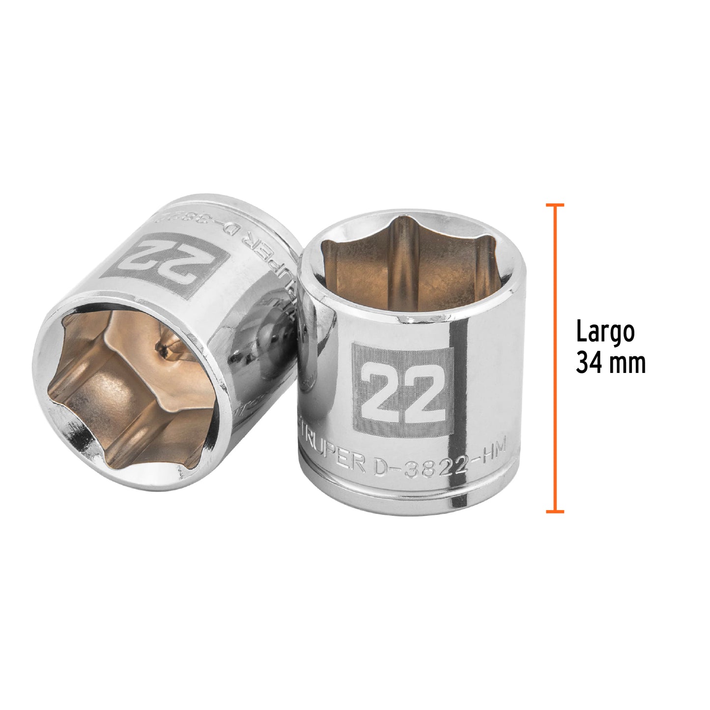D-3822-HM Copa de 6 puntas, mando 3/8", de 22mm