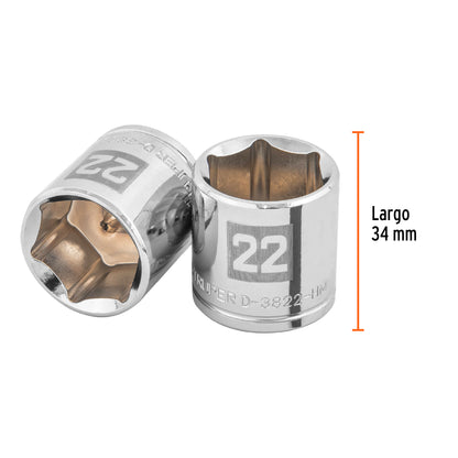 D-3822-HM Copa de 6 puntas, mando 3/8", de 22mm