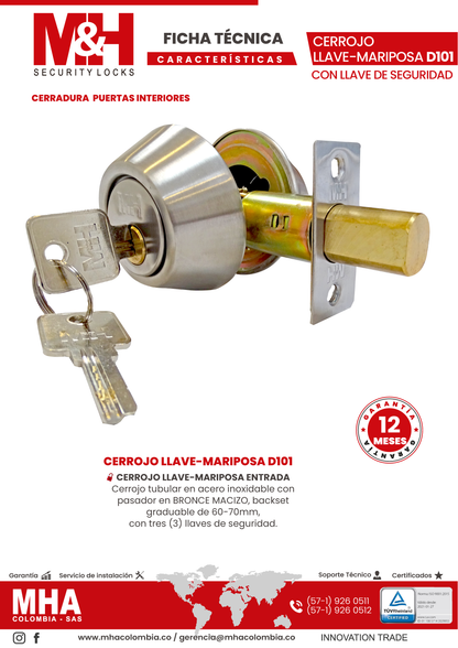 D101 Cerrojo tubular de acero inox llave-mariposa entrada, pasador de bronce