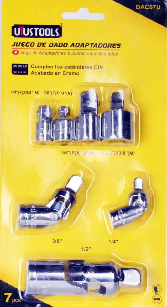 DAC07U Juego de adaptadores para copas - dados con nunta universal 1/4", 3/8" y 1/2" 7 piezas