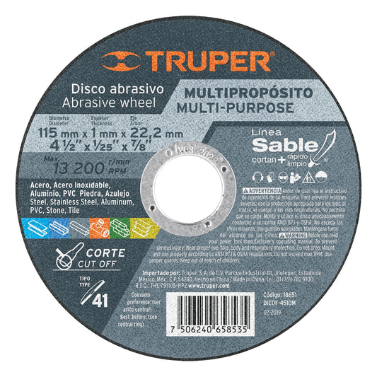 DICOF- 4510M Disco para corte extrafino multimaterial, Tipo 41, 4-1/2'