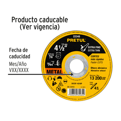 DICOF-4510P Disco Tipo 41 para corte extrafino de metal 4-1/2", 1.0 mm Pretul