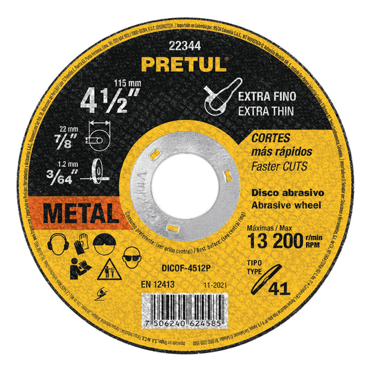 DICOF-4512P Disco Tipo 41 para corte extrafino de metal 4-1/2", 1.2 mm Pretul
