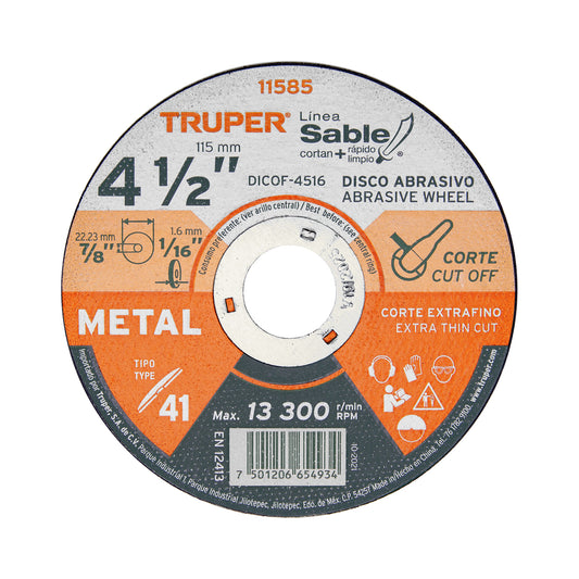 DICOF-4516 Disco Tipo 41, corte extrafino de metal, Línea Sable 4-1/2",1.6mm