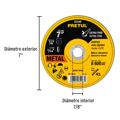 DICOF-7015P Disco Tipo 41 para corte extrafino de metal 7", 1.5 mm Pretul