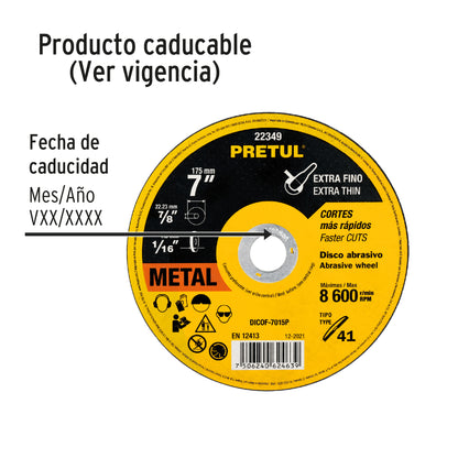 DICOF-7015P Disco Tipo 41 para corte extrafino de metal 7", 1.5 mm Pretul