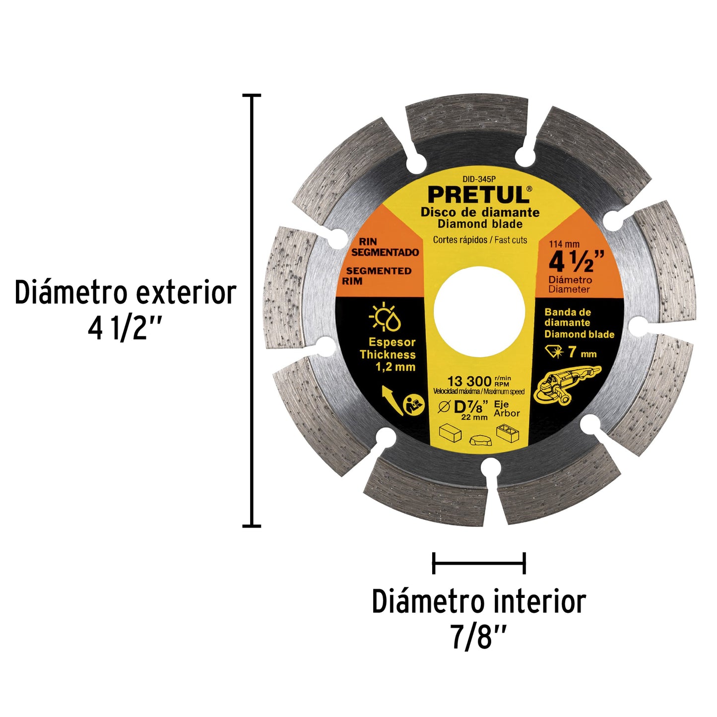 DID-345P Disco de diamante, rin segmentado, 4-1/2', Pretul