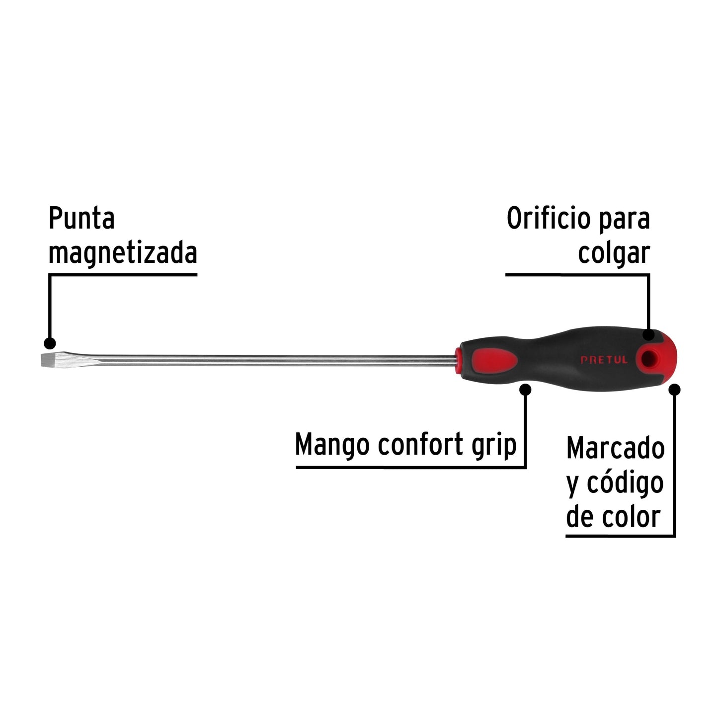 DR-1/4X8BP Destornillador punta pala, 1/4" x 8", mango Comfort Grip, Pretul
