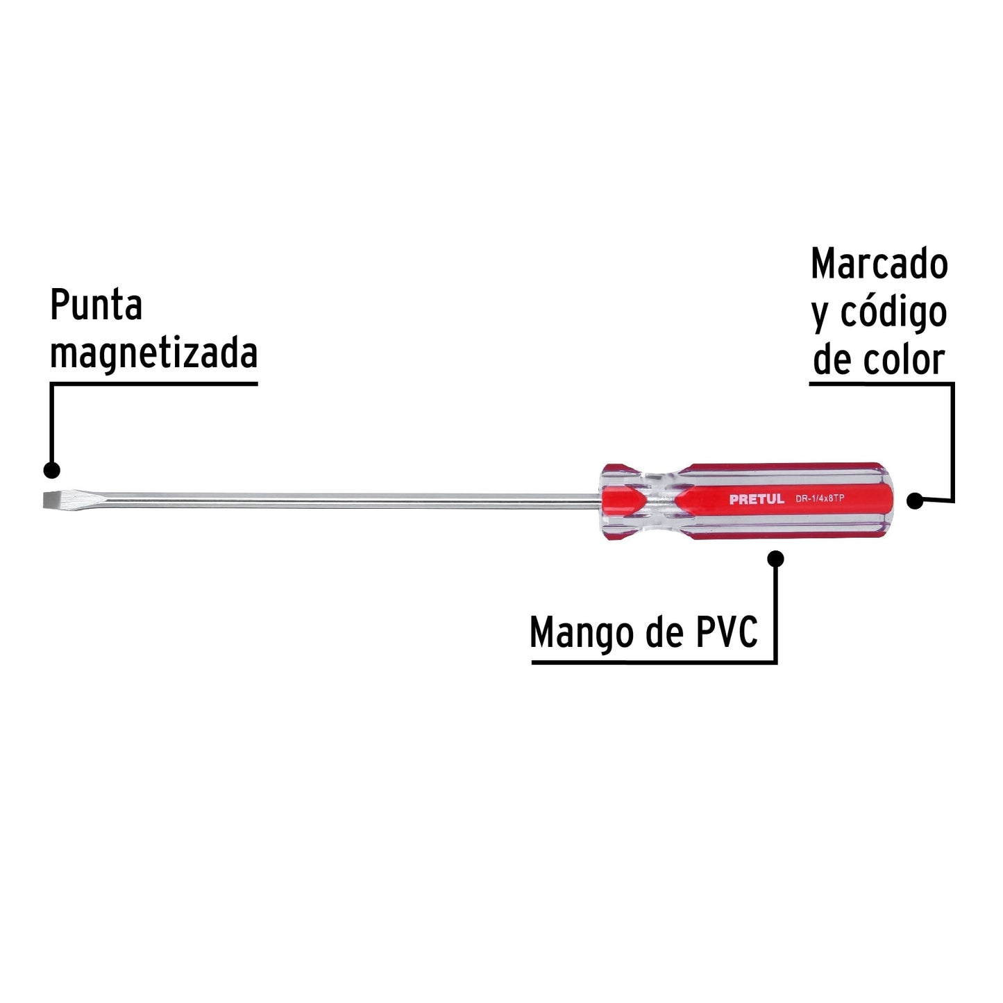 DR-1/4X8TP Destornillador punta pala 1/4" x 8", mango PVC, Pretul