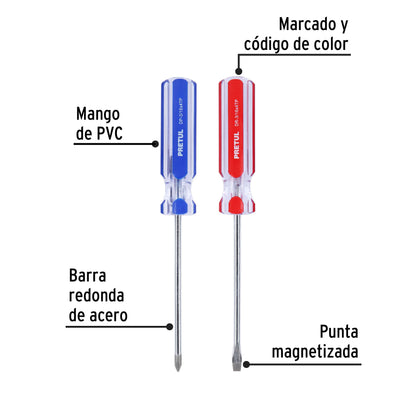 DUO-3/16X4TP Dúo de destornilladores, 3/16" x 4", mango PVC, Pretul