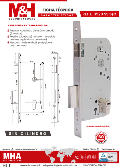 E3520 Cerradura de incrustar para entrada principal con picaporte CER-056