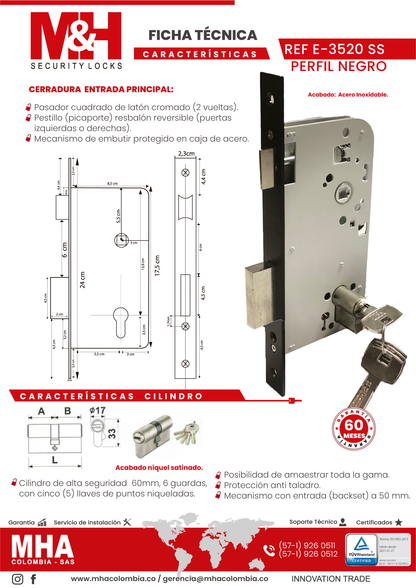 E3520-NG Cerradura para entrada principal con picaporte, color negro