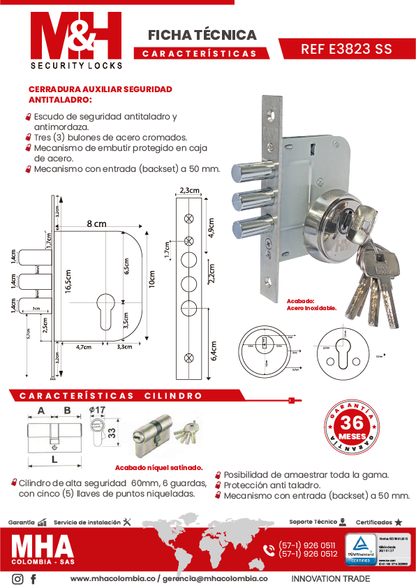 E3860-SS Cerradura auxiliar de seguridad antitaladro llave - llave CER-097