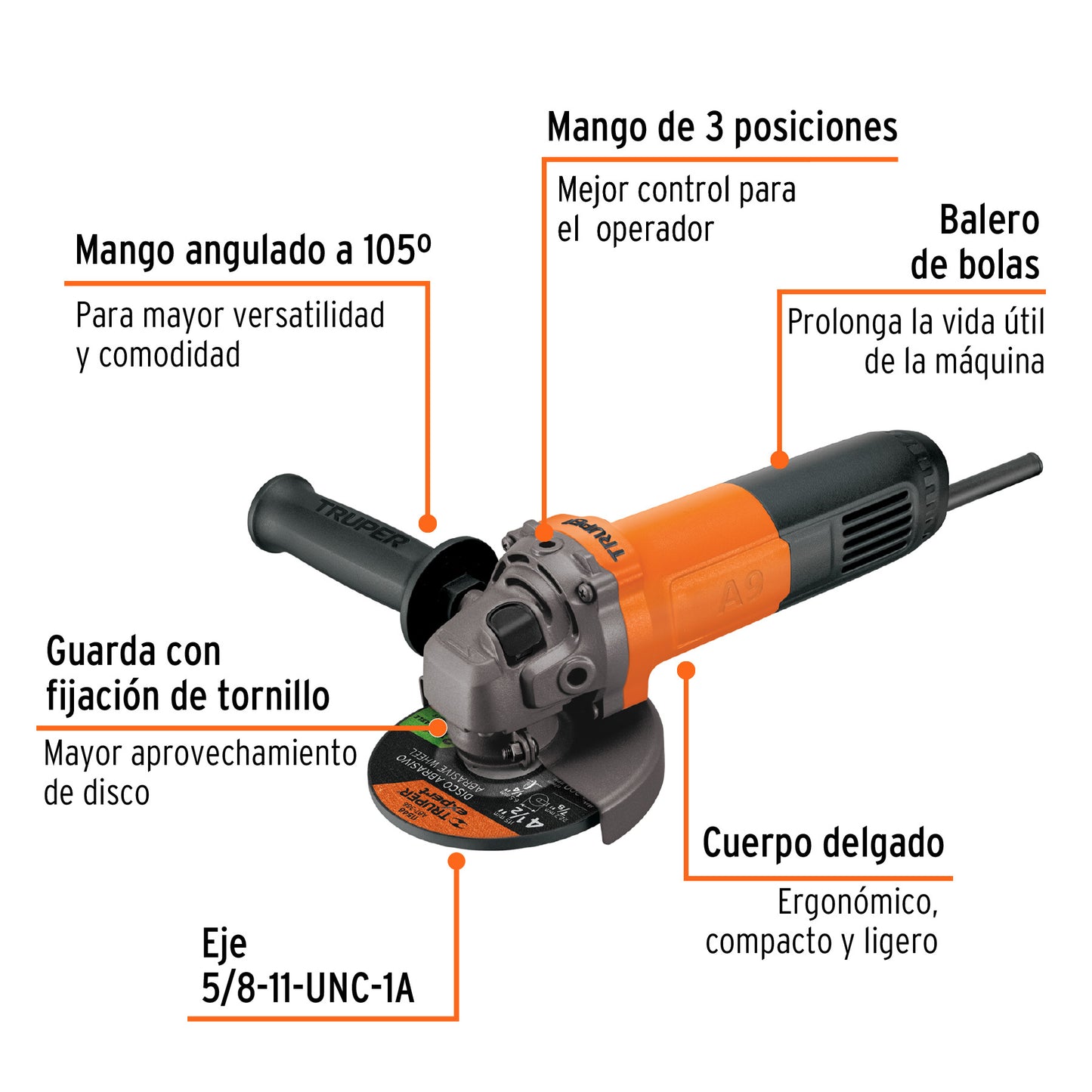 ESMA-4-1/2A9 Pulidora angular 4-1/2", profesional, 800 W Truper