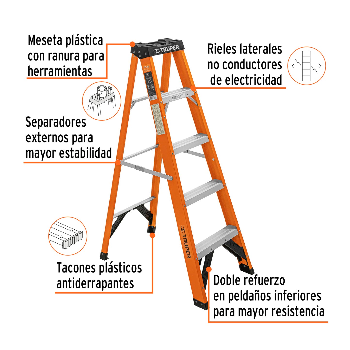 EST-24FV Escalera de tijera, tipo ll, 4 peldaños, fibra de vidrio