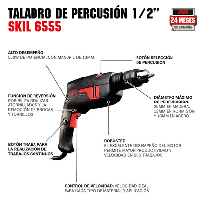 Taladro percutor Skil 6555 570W 110V, maletín y brocas