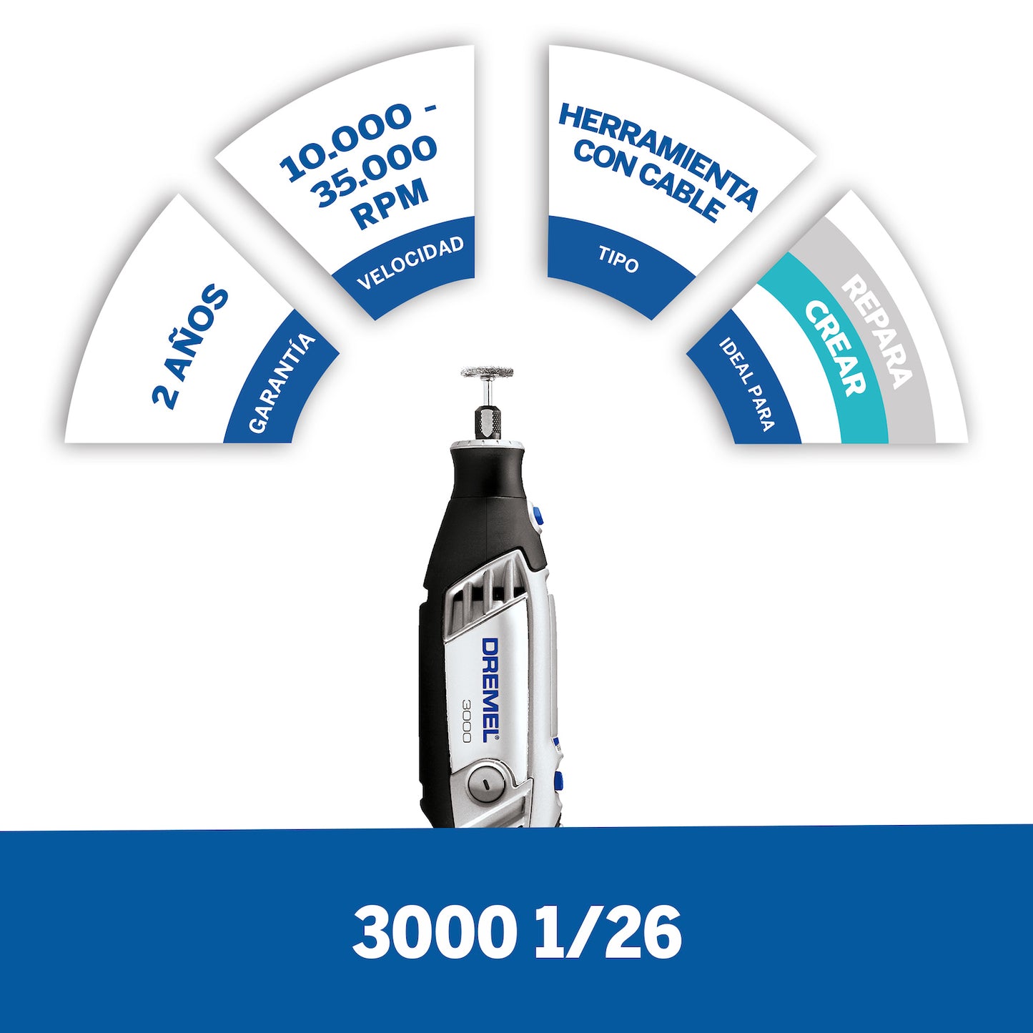 F0133000PF-000 Dremel 3000 Mototool con 1 aditamento 26 accesorios en maletín