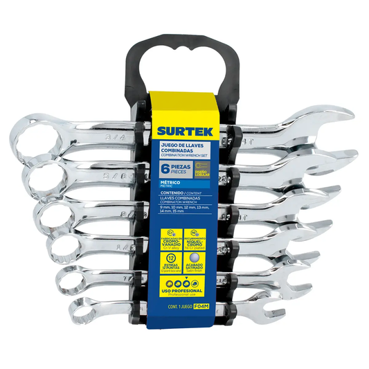 F04M Juego de llaves combinadas satinadas 6 piezas 9 a 15 mm, uso profesional, Surtek