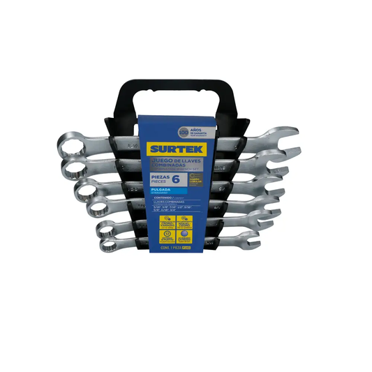 F04S Juego de llaves combinadas satinadas 6 piezas 5/16" a 5/8", uso profesional, Surtek